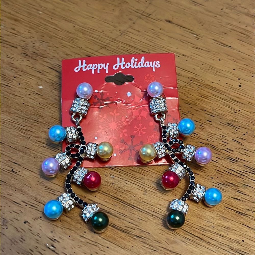 Happy Holidays Christmas Ornament Strand Post Earrings with Faux Gems & Pearls